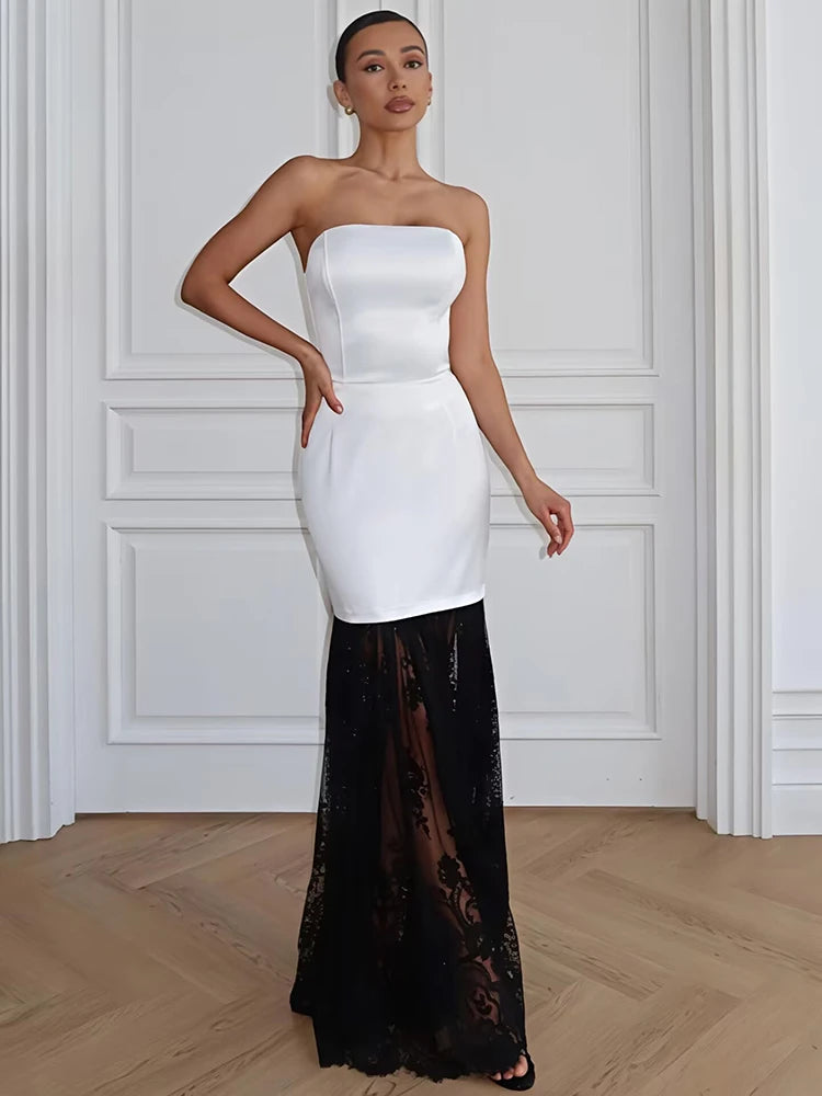 Strapless lace patchwork maxi dress in white