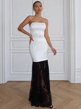 Strapless lace patchwork maxi dress in white