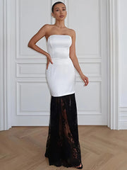 Strapless lace patchwork maxi dress in white