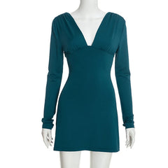 Solid Plunging Neckline Long Sleeve Mini Dress