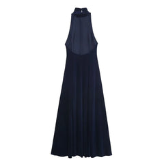 Navy blue evening gown on a white background