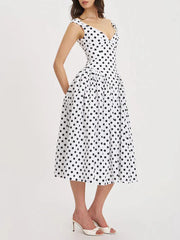 White Polka Dot V-Neck A-Line Midi Dress