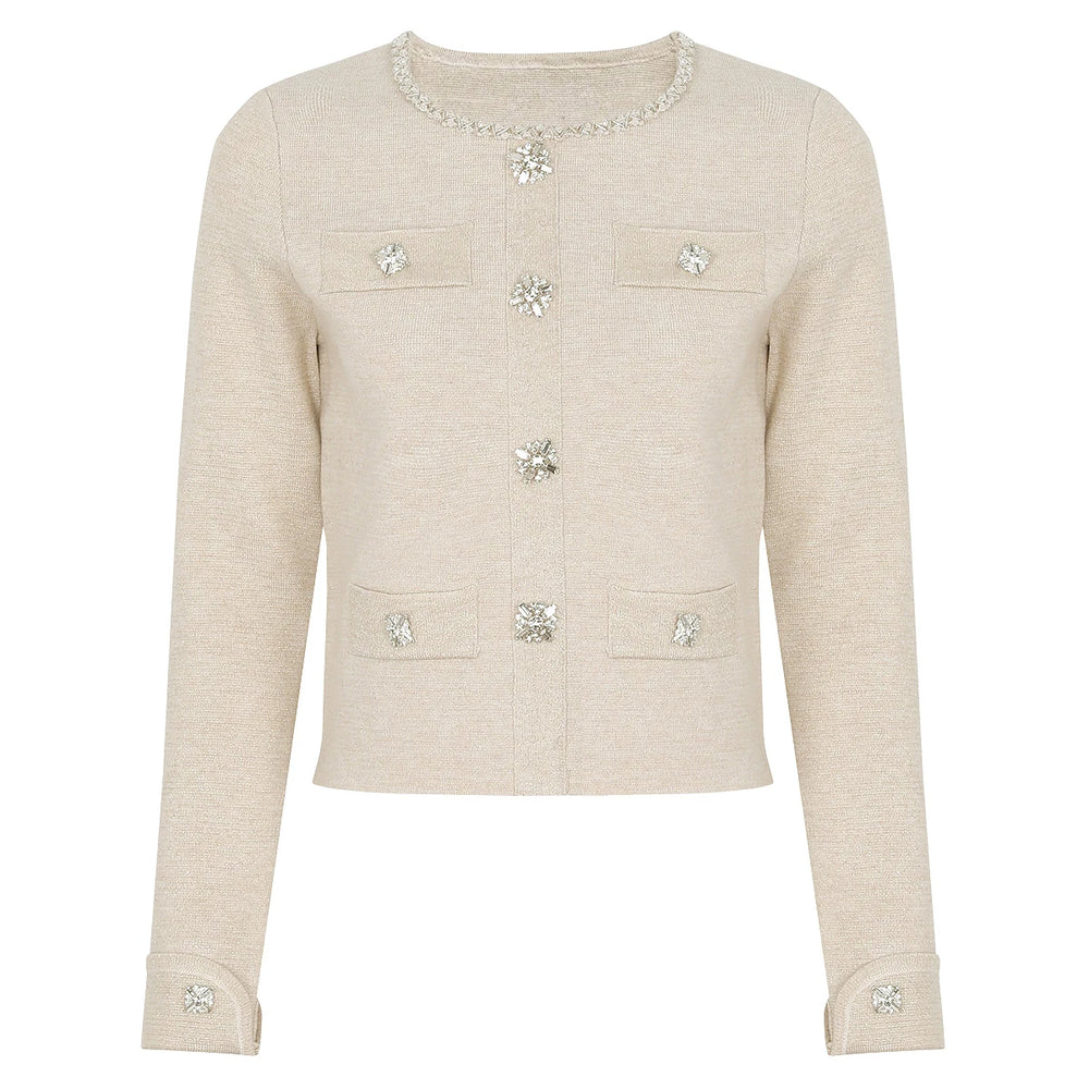 Beige knit cardigan with sparkling jewel buttons and trim