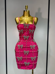Sleeveless Beaded Bow Mini Dress