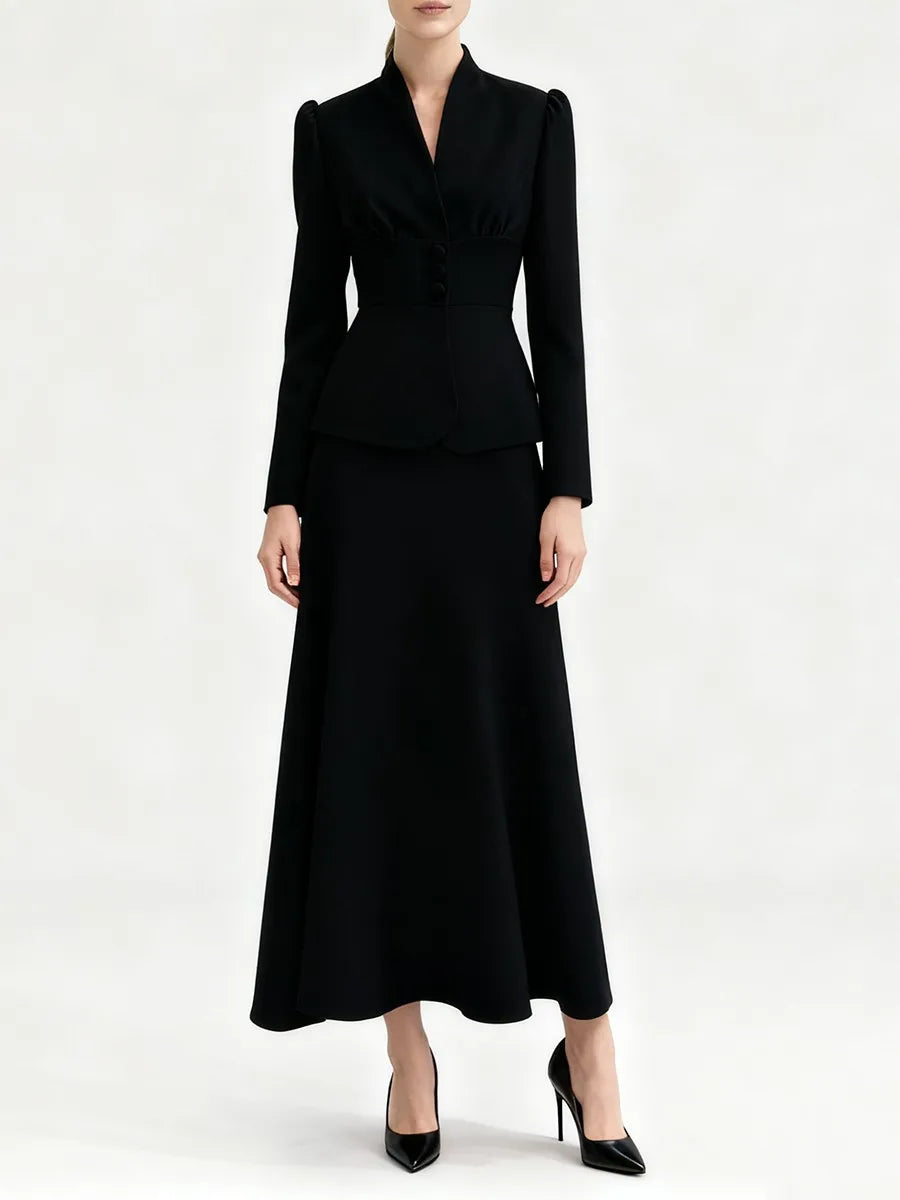 Black suit with a skirt on a white background