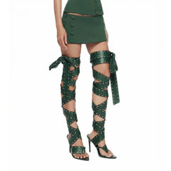 Studded Lace-Up Thigh-High Heels