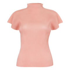 Pink ribbed turtleneck top on a white background