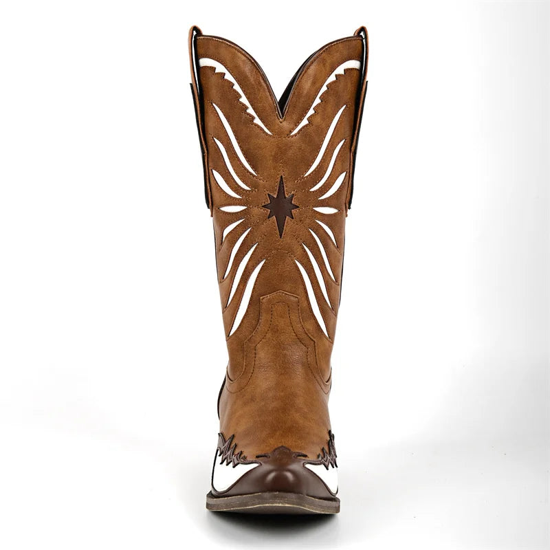 Pointed toe cowgirl boots with white embroidery and a brown block heel