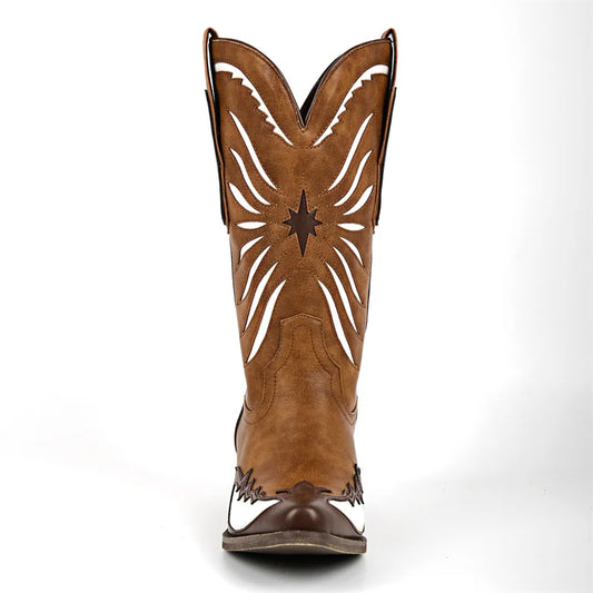 Pointed toe cowgirl boots with white embroidery and a brown block heel