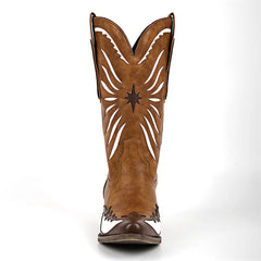 Pointed toe cowgirl boots with white embroidery and a brown block heel