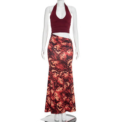 Halter V Neck Print Cut Out Maxi Dress