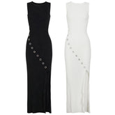Black perforated knit maxi dress