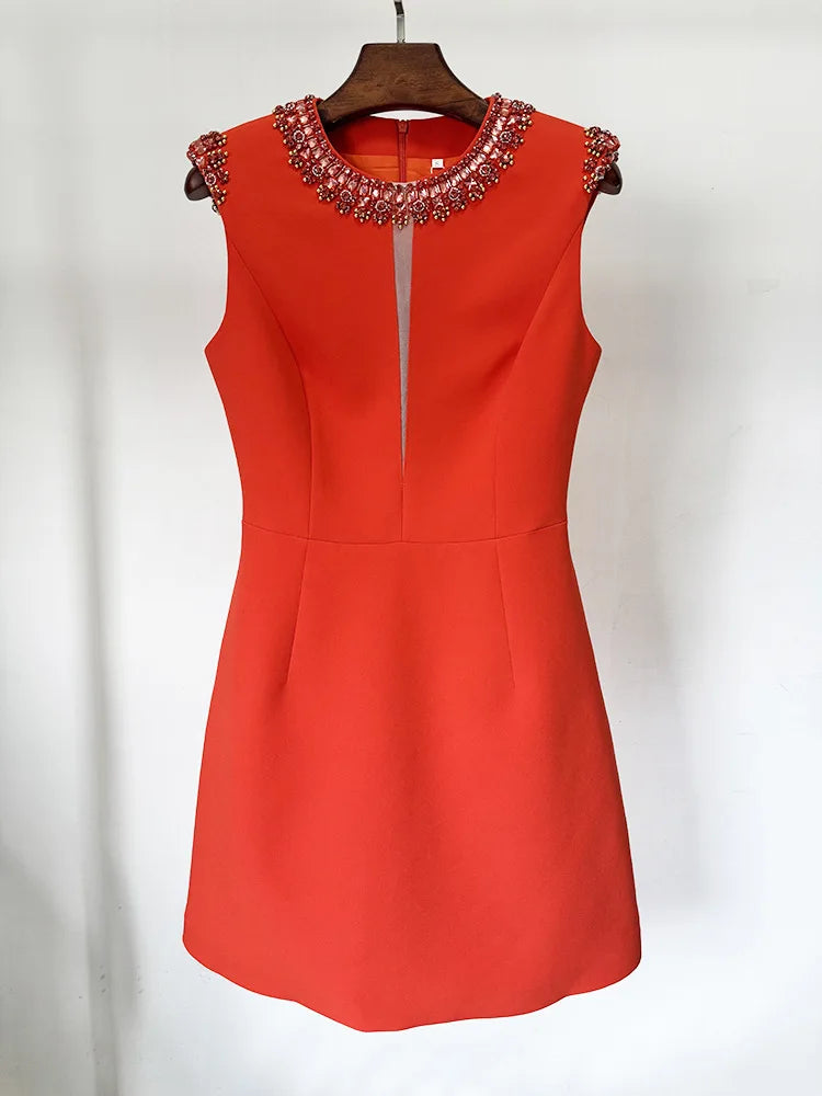 Beaded neckline cap sleeve mini dress front view