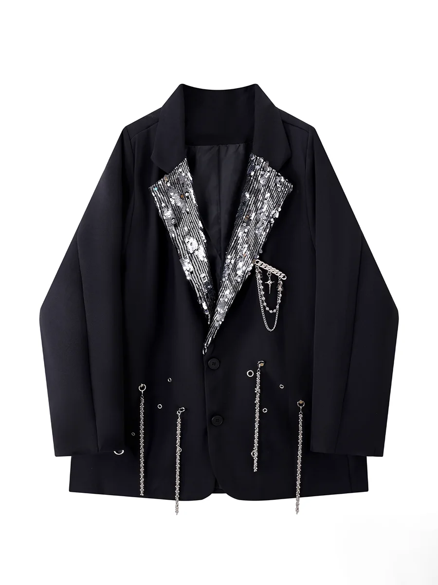 Black jacket with silver sequin details on a white background