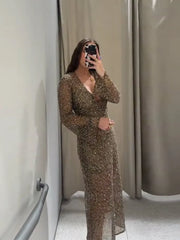 Sequined Mesh V-Neck Midi Dress