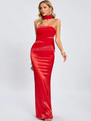 Formal red satin evening gown with sculpted fit and scarf detail