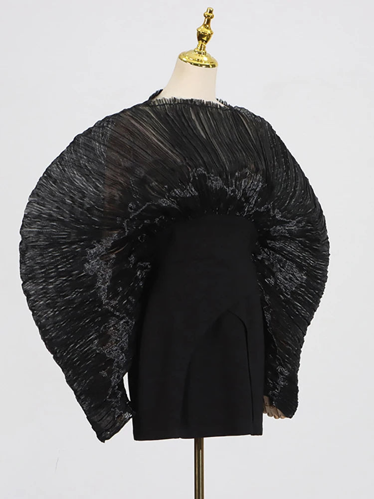 Pleated sleeve mini dress side view on mannequin