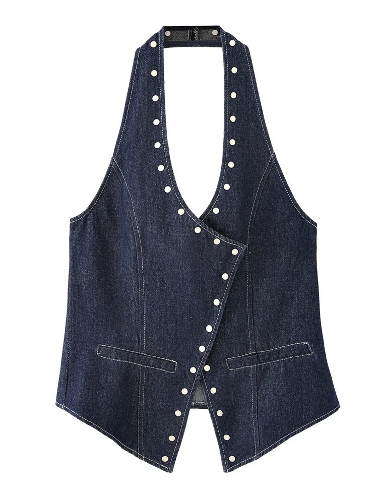 Denim vest with studded details on a white background