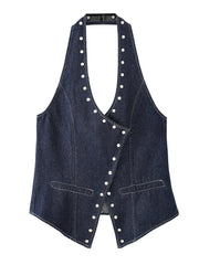 Denim vest with studded details on a white background