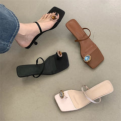 Crystal Embellished Square Toe Flip Flops