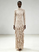 Lace turtleneck long sleeve ruffled maxi dress front view