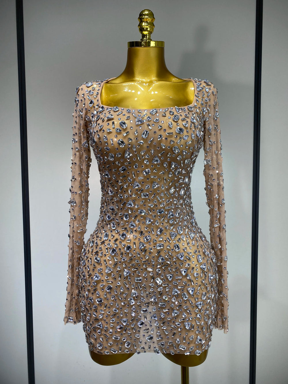 Khaki full sleeve crystal embellished mini dress