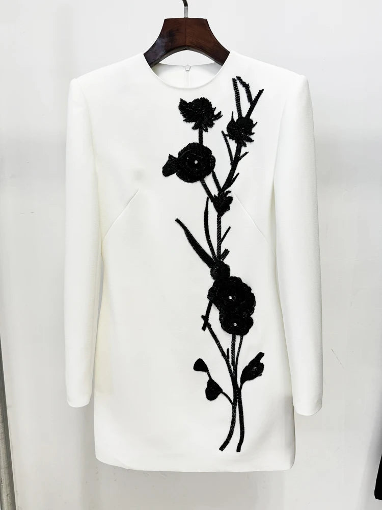 Floral beaded long sleeve mini dress front view