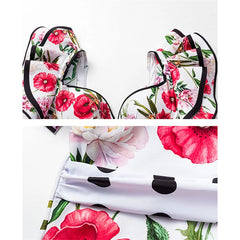Red Floral Print Ruffle Sleeve Swimsuit and Maxi Skirt Set