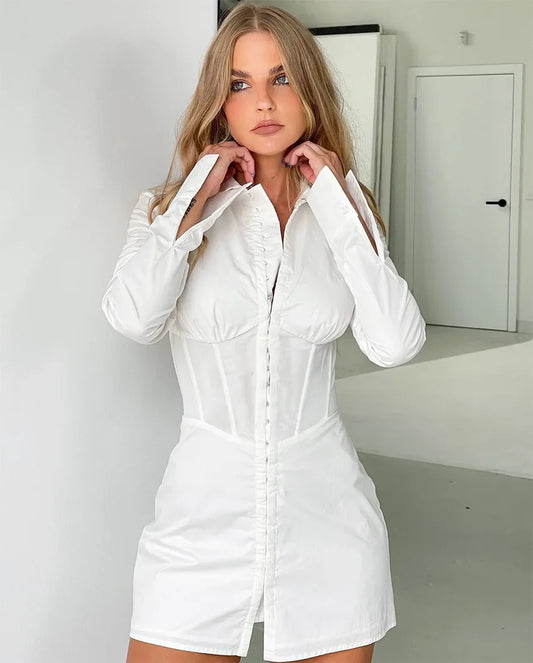 White Ladies Frock Corset Long Sleeve Mini Dress