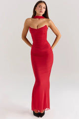 Red Corset Crop Top And Bodycon Maxi Skirt With Scarf Set