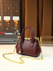Structured leather top-handle bag with gold hardware and chain strap, angled view