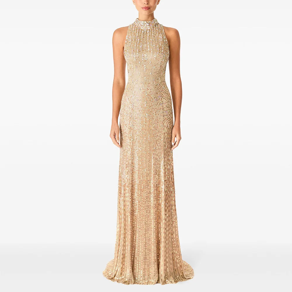 Sleeveless beaded sequin floor length gown front view