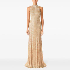 Sleeveless beaded sequin floor length gown front view