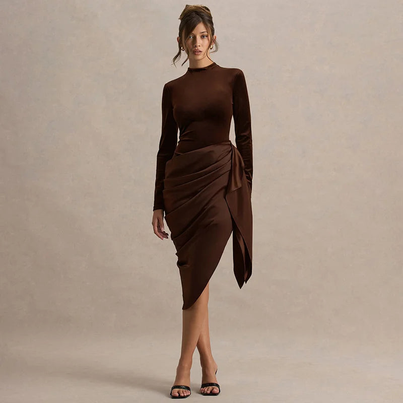 mid calf brown dress with side split and ruched design