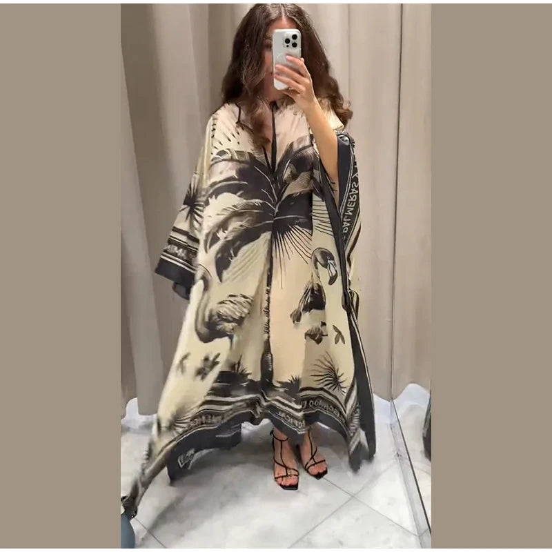 Flamingo print maxi dress on model