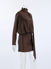 Brown Satin Turtleneck Draped Mini Dress