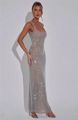 Sparkle Sequin Backless Maxi Dress – Sleeveless Club Gown with Square Neck