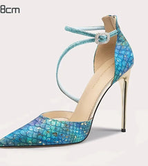 Blue Crystal Ankle-Strap Heels | Gold Stiletto Party Sandals