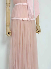 Pink Bow Detail Tulle Maxi Dress