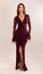 Ruffled Mesh Sleeve V-Neck Maxi Dress