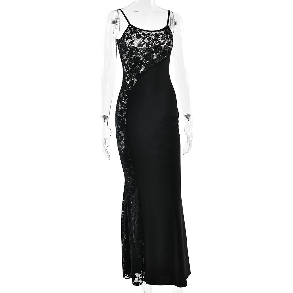 Black evening gown with lace detailing on a white background