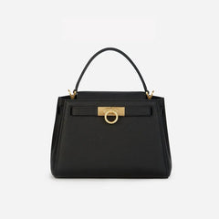Black structured top handle bag with gold-tone hardware.