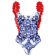 Ruffled Floral Print One-Piece Swimsuit and Maxi Skirt Set