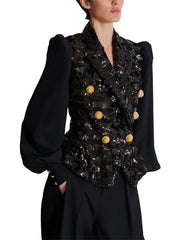 Lantern sleeve blazer styled for evening occasions