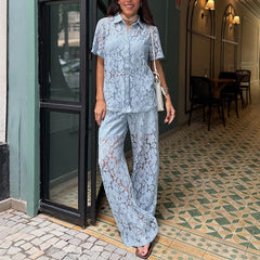 Lace Shirt & Wide-Leg Pants Set