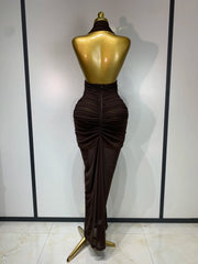 Halter Neck Ruched Knit Ankle-Length Dress
