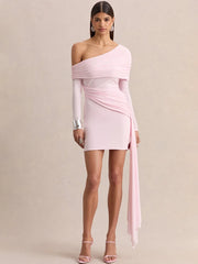 Diagonal collar ruched draped mini dress