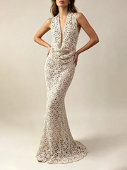 Hollow out lace maxi dress with plunge neckline