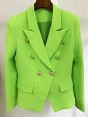Fluorescent green double-breasted blazer with gold lion buttons and notched lapels.