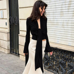 Long V-Neck Bell Sleeve Wrap Top
